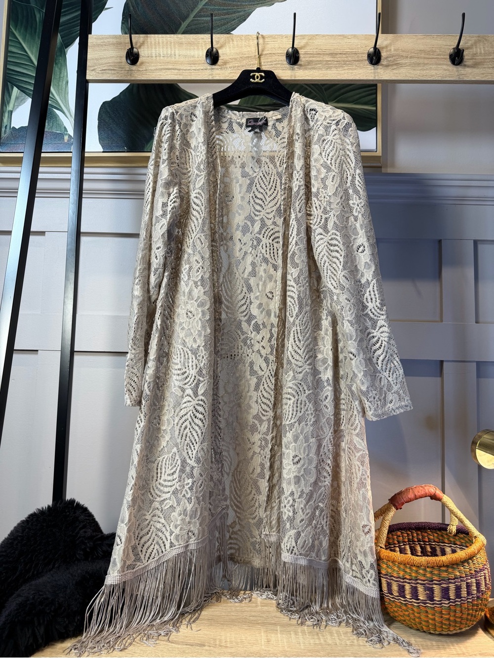 QUESTIONS Woman's Lace Duster Cardigan Med Open Front Fringe Boho Festival XL